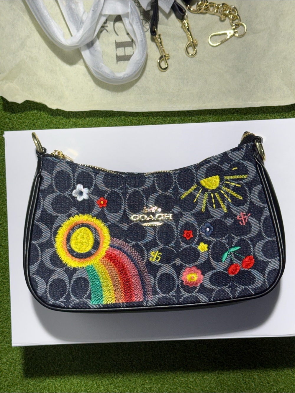 Coach Dark Denim Embroidered Shoulder Bag with Rainbow & Sun Motifs